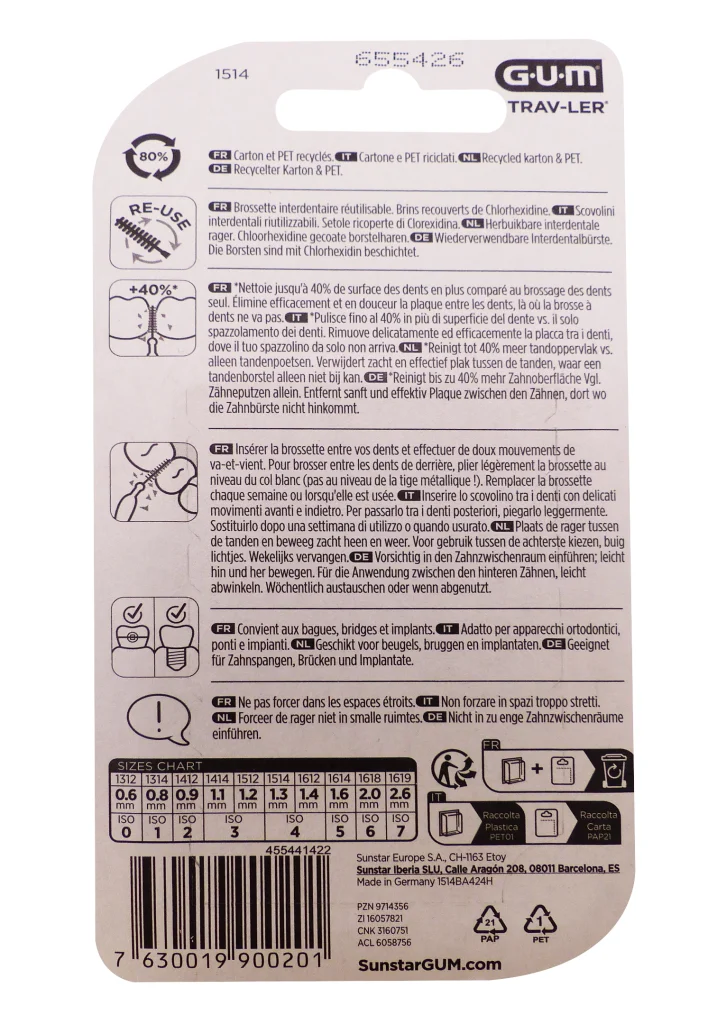 GUM TRAV-LER 6 BROSSETTES 1.3MM JAUNES REF :1514 3 dos brossettes interdentaire 1514