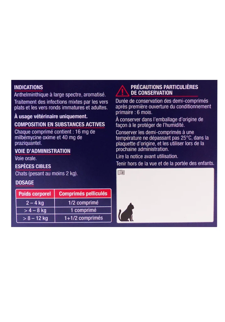MILBEMYCINE OXIME/PRAZIQUANTEL 16/40MG VIATRIS 3 dos vermifuge chats
