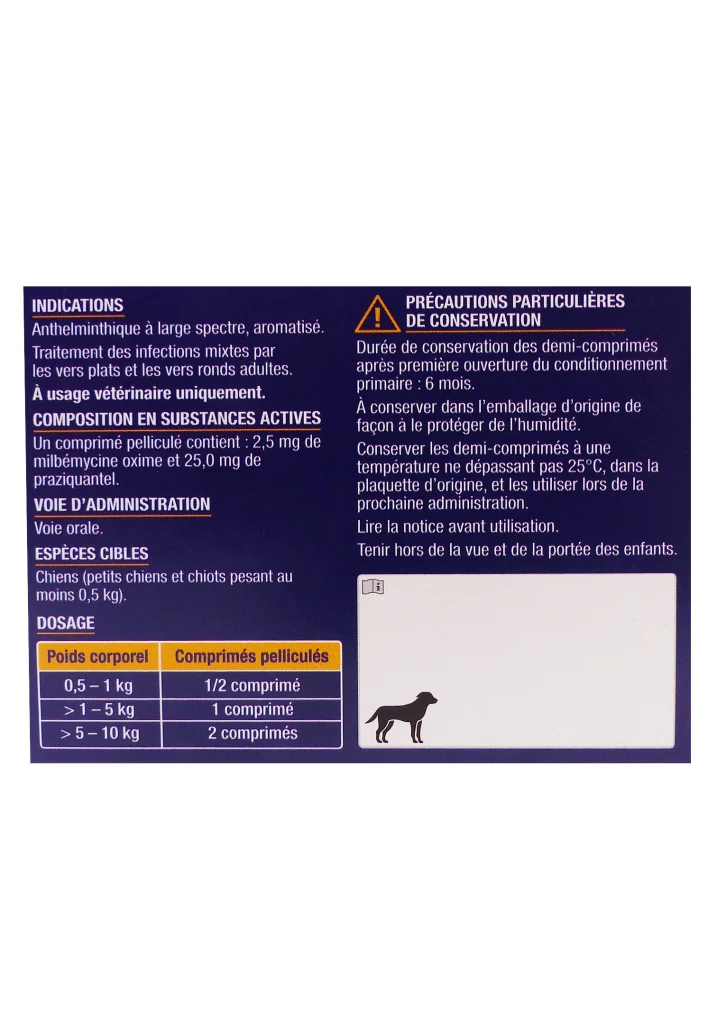 MILBEMYCINE OXIME/PRAZIQUANTEL 2,5/25MG CHIOTS 2 COMPRIMES VIATRIS 3 dos vermifuge chiens 1