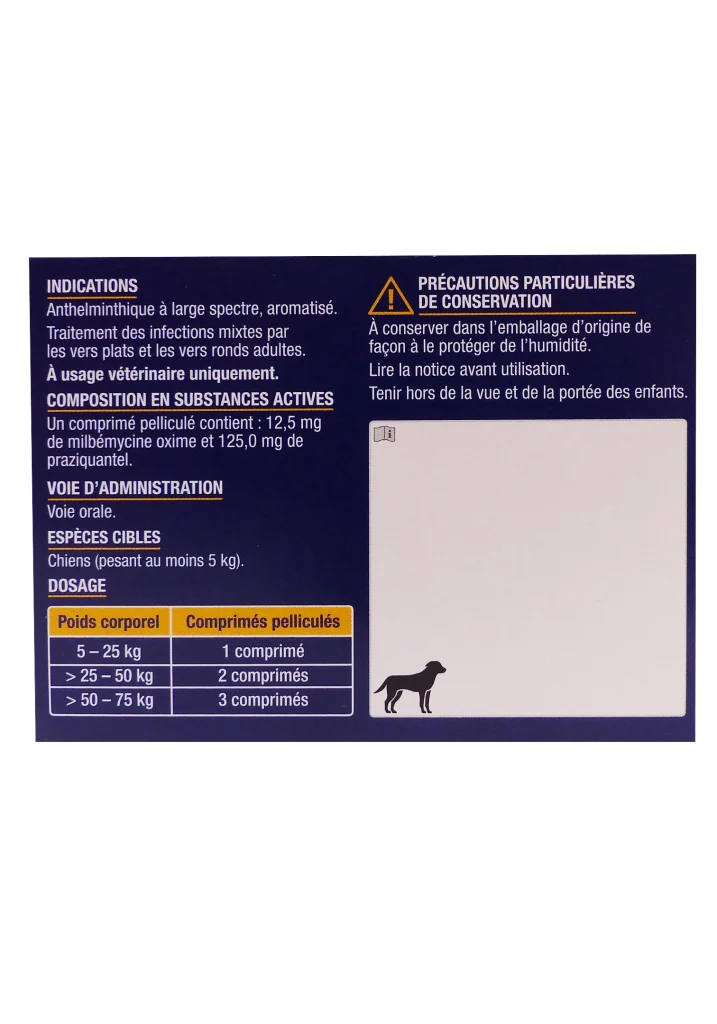 MILBEMYCINE OXIME/PRAZIQUANTEL VIATRIS 12,5/125 BOITE DE 2 COMPRIMES CHIENDE PLUS DE 5 KG 3 dos vermifuge chiens
