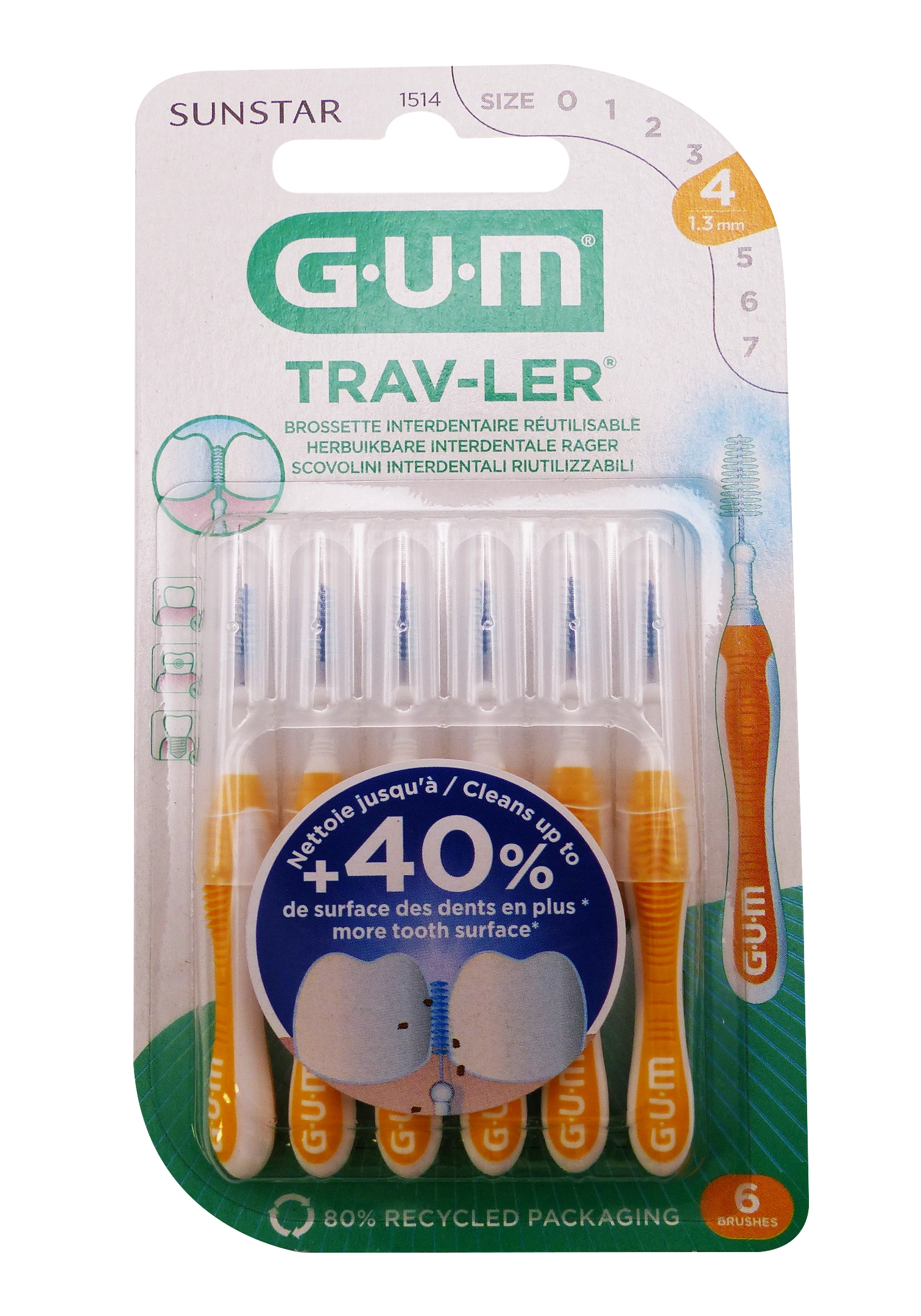 GUM TRAV-LER 6 BROSSETTES 1.3MM JAUNES REF :1514 1 gum trav ler 6 brossettes oranges 1.3 mm