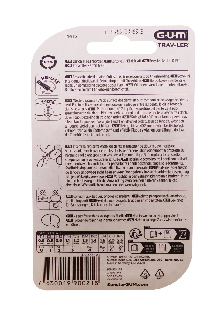 GUM TRAV-LER 6 BROSSETTES INTERDENTAIRES 1.4MM FUSHIA REF :1612 3 gum trav ler brossettes 1612 dos