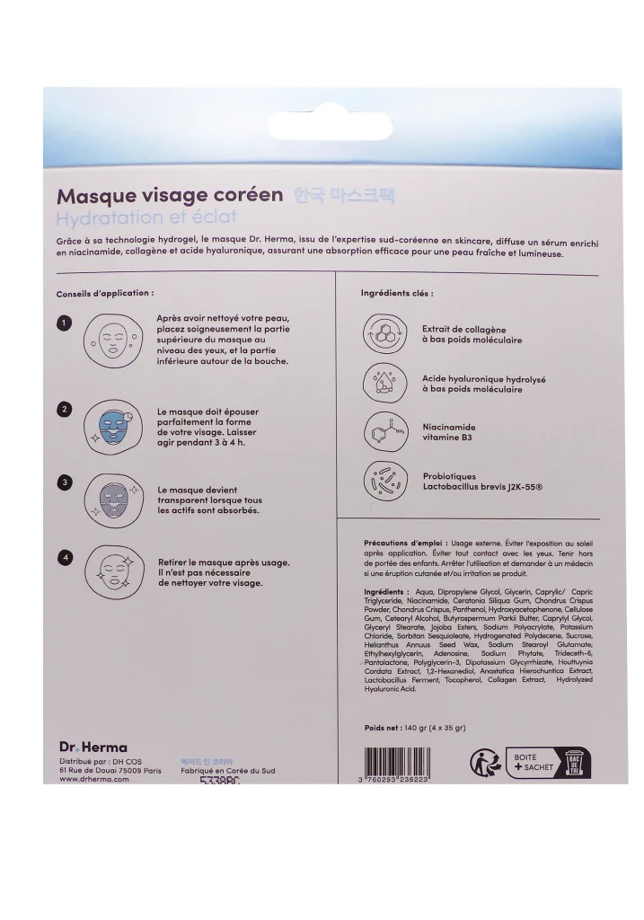 DR HERMA 4 MASQUES COLLAGENE ANTI-AGE 3 masque visage coreen hydratation et eclat dos