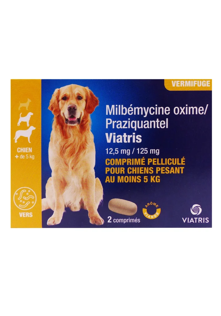 MILBEMYCINE OXIME/PRAZIQUANTEL VIATRIS 12,5/125 BOITE DE 2 COMPRIMES CHIENDE PLUS DE 5 KG 2 milbemycine 2 comprimes