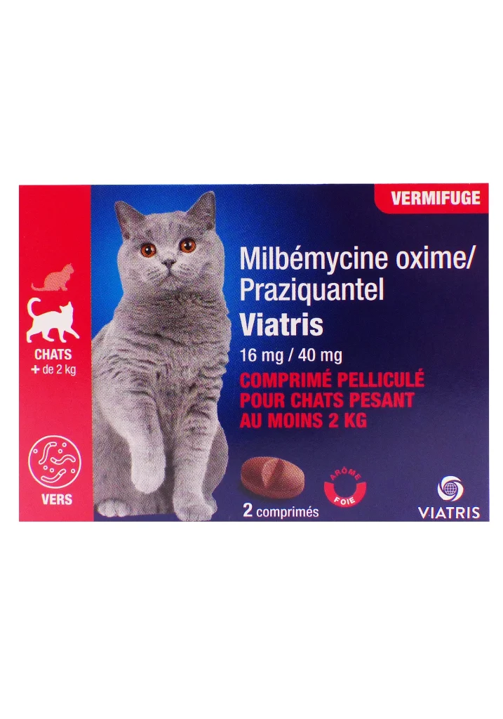 MILBEMYCINE OXIME/PRAZIQUANTEL 16/40MG VIATRIS 2 milbemycine chats de plus de 2 kg