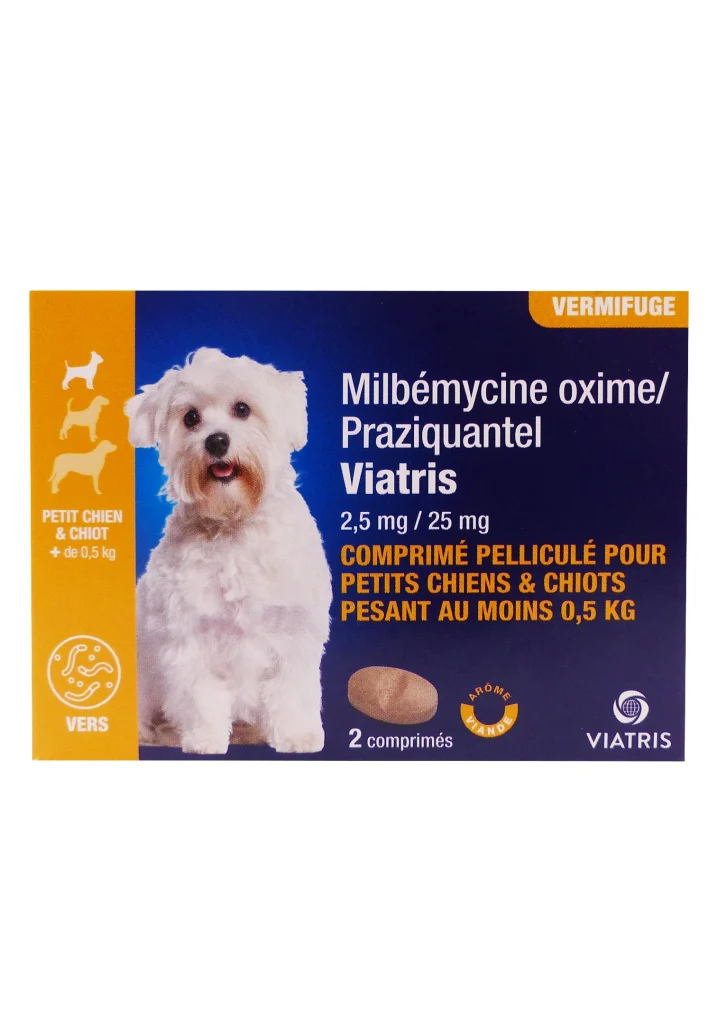 MILBEMYCINE OXIME/PRAZIQUANTEL 2,5/25MG CHIOTS 2 COMPRIMES VIATRIS 2 milbemycine petit chiens et chiots 2 cp