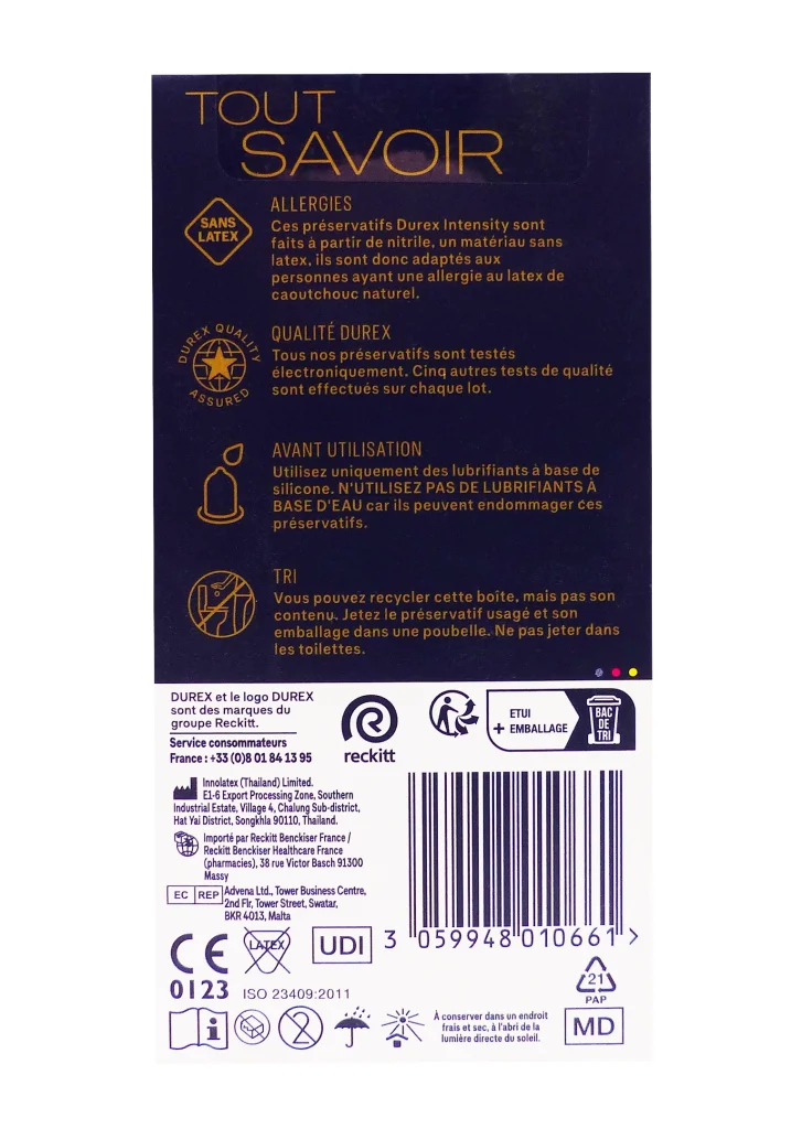 DUREX INTENSITY 5 PRESERVATIFS SANS LATEX 3 preservatifs intensity durex dos