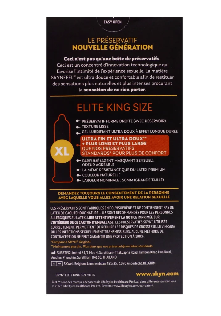 SKYN ELITE KING SIZE 20 PRESERVATIFS 3 preservatifs king size dos