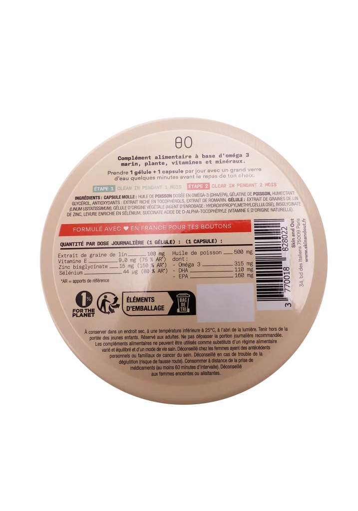 SKIN AND OUT COMPLEMENT ALIMENTAIRE CLEAR IN 30 CAPSULES ET 30 GELULES 3 dos complement alimentaire skin out clear in