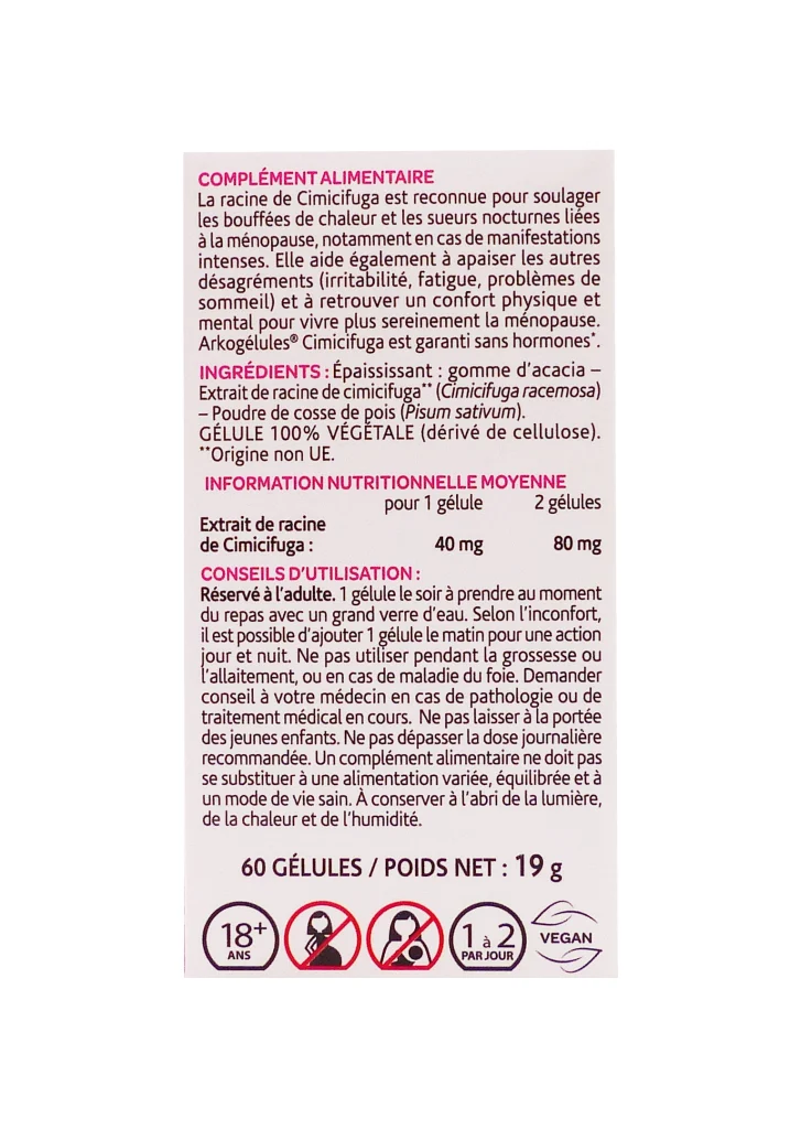 ARKOGELULES CIMICIFUGA 60 GELULES ARKOPHARMA 3 dos complement alimentaires 60 gelules