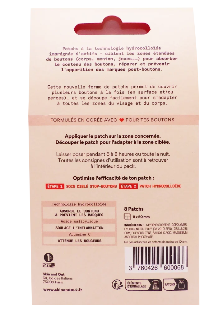 SKIN AND OUT 8 PATCHS XL BOUTONS CLEAR OUT 3 dos patchs skin out