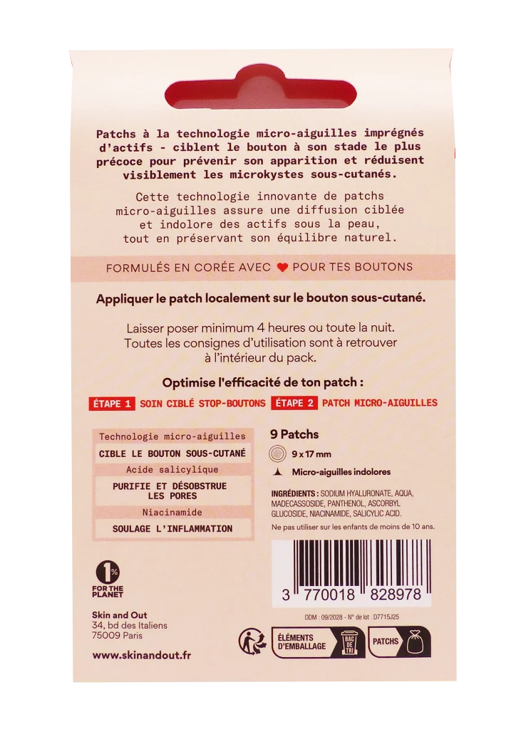 SKIN AND OUT 9 PATCHS BOUTONS SOUS CUTANES 3 dos patchs x9