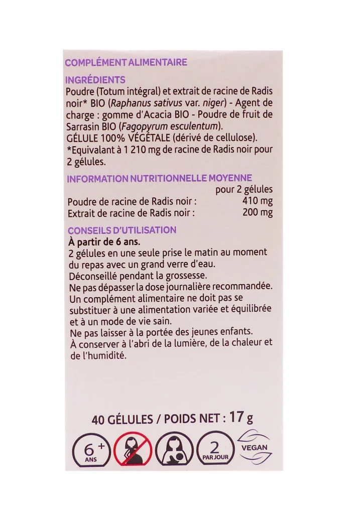 ARKOGELULES RADIS NOIR 40 GELULES ARKOPHARMA 3 dos radis noir