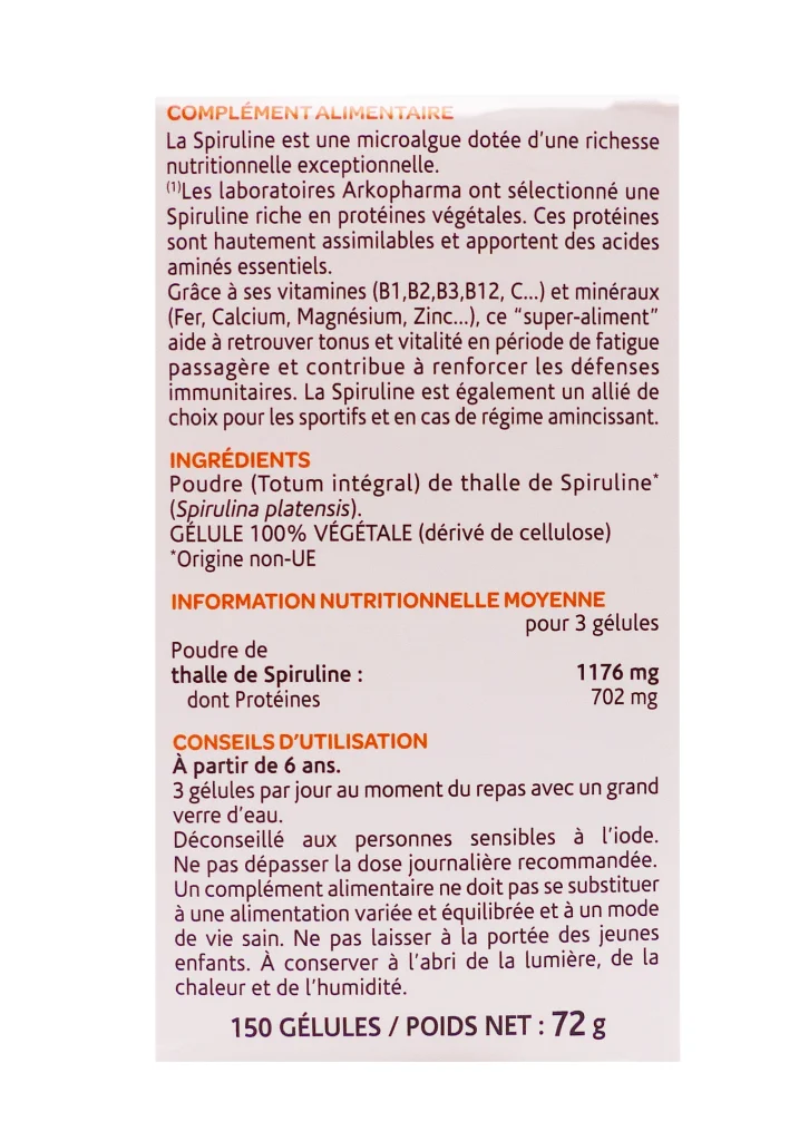 ARKOGELULES SPIRULINE TONUS VITALITE 150 GELULES ARKOPHARMA 3 dos spiruline