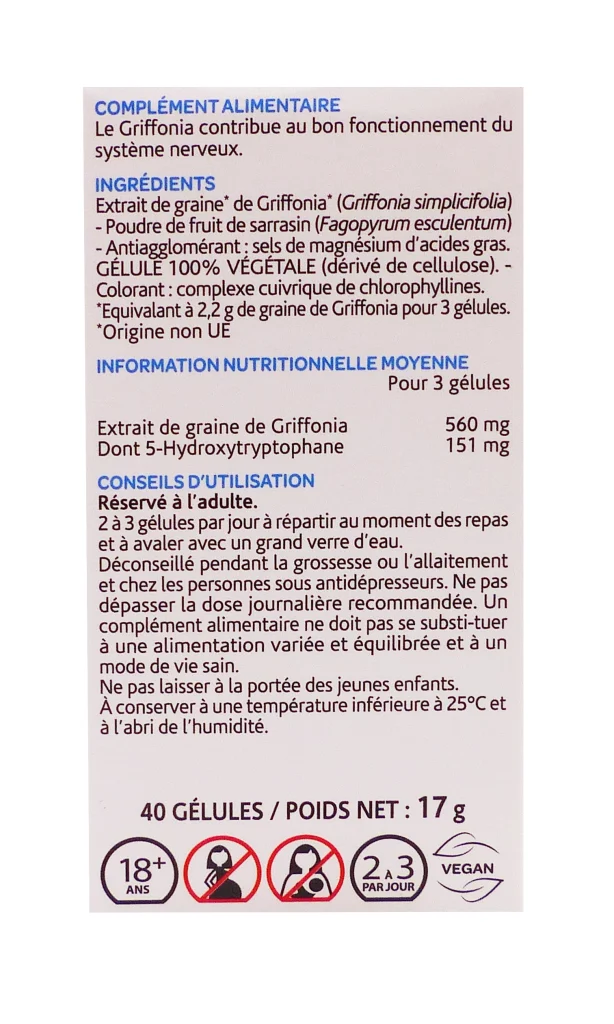 ARKOGELULES GRIFFONIA 40 GELULES ARKOPHARMA 4 griffonia 40 gelules dos