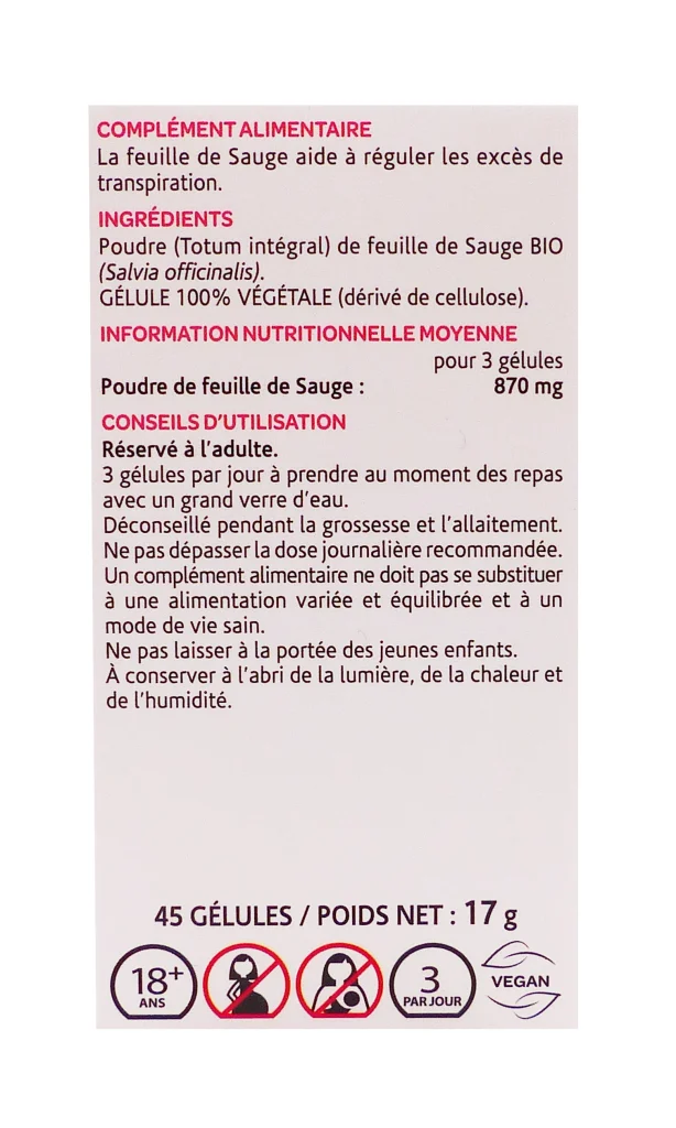 ARKOGELULES SAUGE BIO 45 GELULES ARKOPHARMA 4 sauge 45 gelules dos