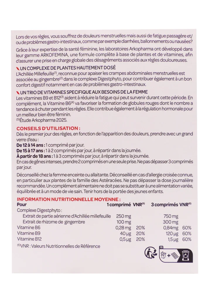 ARKOFEMINA REGLES DOULOUREUSES 30 COMPRIMES 3 dos arkopharma