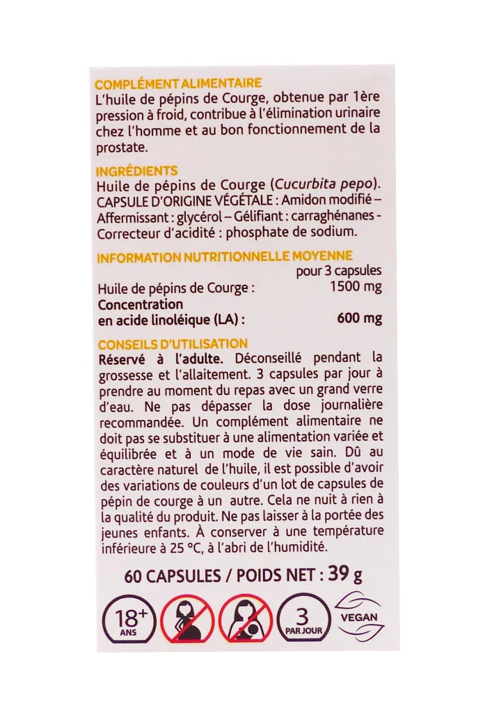 ARKOGELULES HUILE DE PEPINS DE COURGE 60 GELULES 3 dos huile de pepin de courge