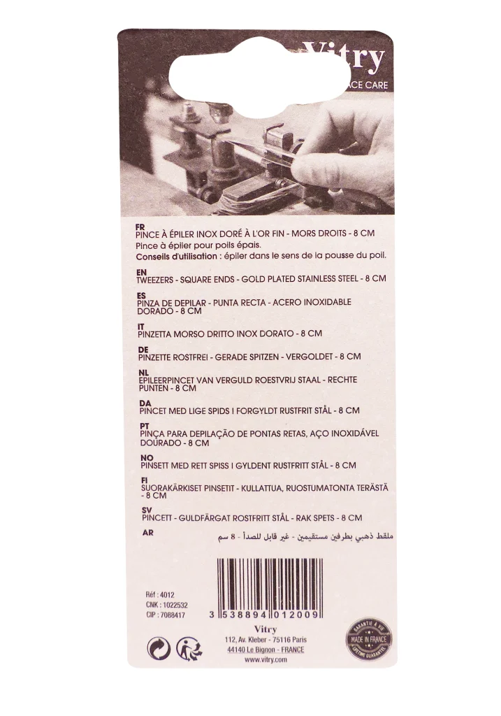 VITRY PINCE A EPILER INOX DORE 8 CM 3 dos pince a epiler or vitry