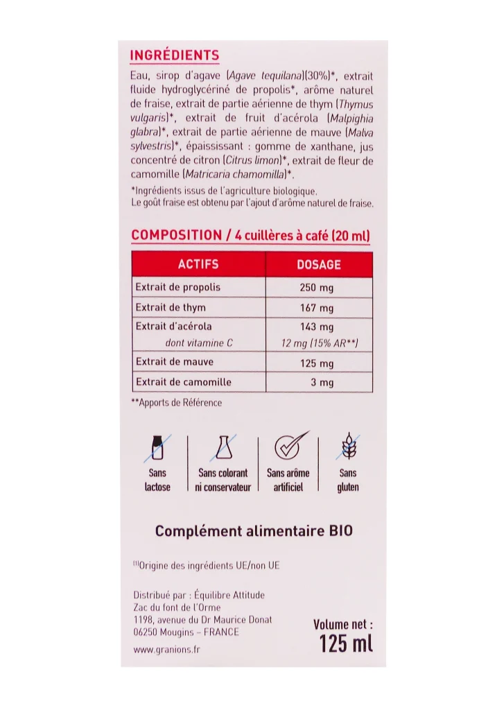 GRANIONS KID BIO NEZ GORGE FRAISE 125ML 3 dos sirop