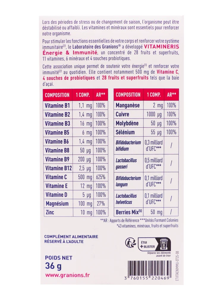 GRANIONS VITAMINERIS ENERGIE & IMMUNITE 30 COMPRIMES 3 granion vitamineris energie dos