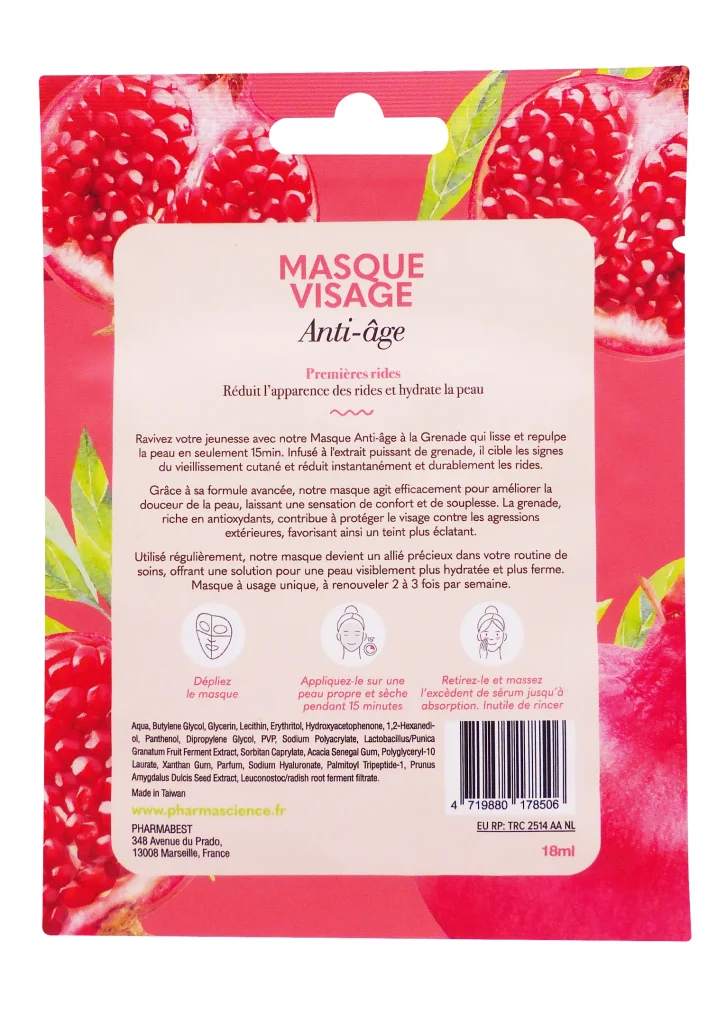 PHARMASCIENCE MASQUE VISAGE ANTI-ÂGE GRENADE 3 masque visage anti age dos