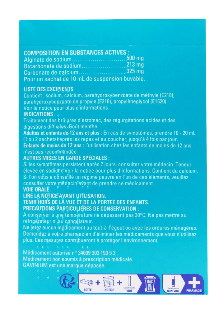 GAVINIUM SUSPENSION BUVABLE 12 SACHETS 10ML 3 dos alginate