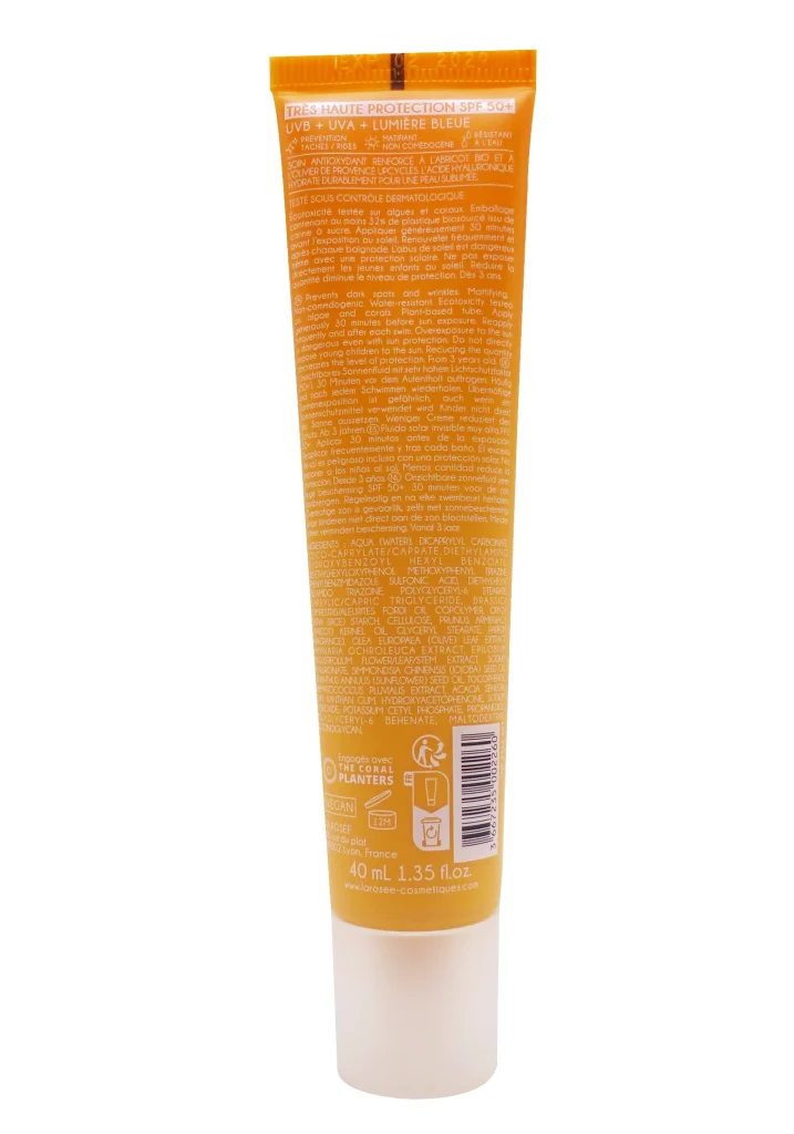 LA ROSEE FLUIDE SOLAIRE INVISIBLE A L'HUILE D'ABRICOT BIO SPF50+, 40ML 3 dos lait solaire