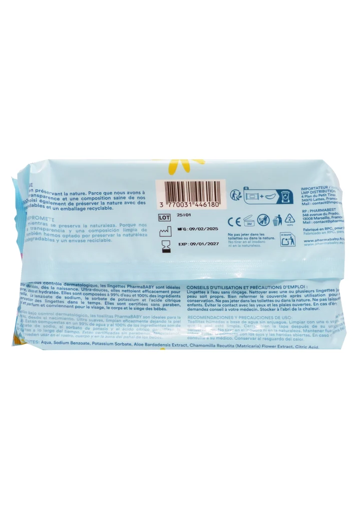 PHARMABABY LINGETTES BEBE A L'EAU 60 LINGETTES 3 dos lingettes a leau pharma baby