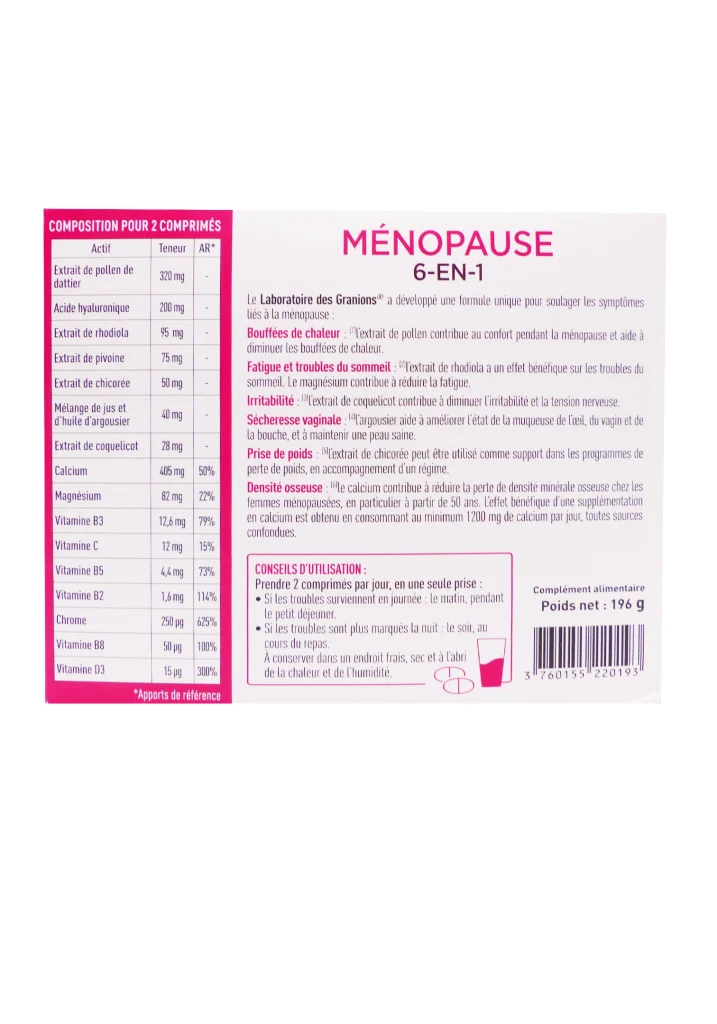 GRANIONS MENOPAUSE 6 EN 1, 180 COMPRIMES SECABLES 3 dos menopause granions