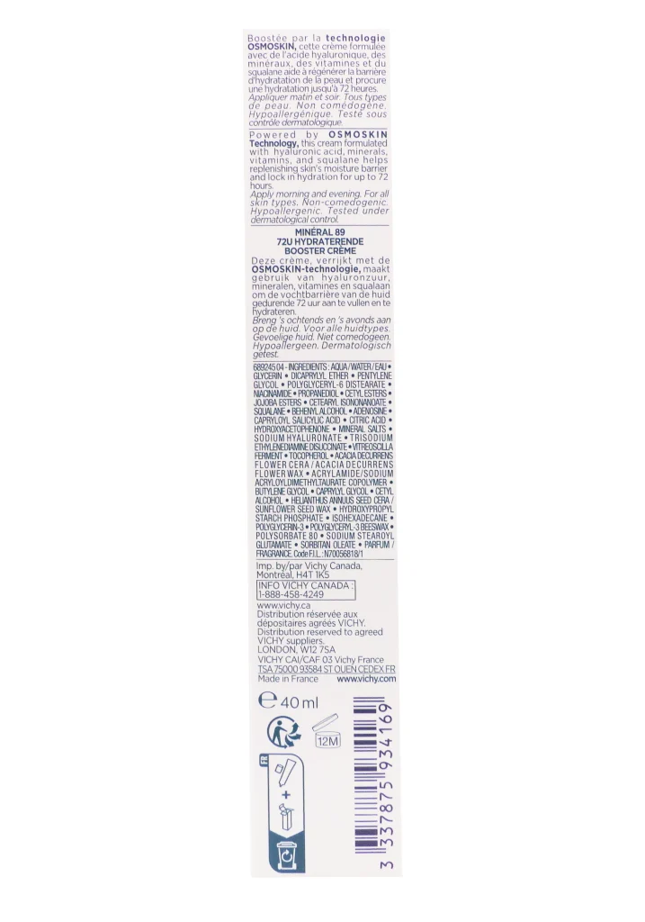 VICHY MINERAL 89 CREME BOOST D'HYDRATATION 72H 40 ML 4 dos mineral 89