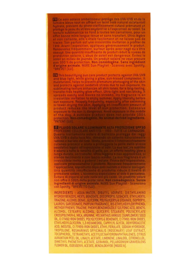NUXE SUN FLUIDE SOLAIRE BONNE MINE SPF30 40ML 5 dos nuxe