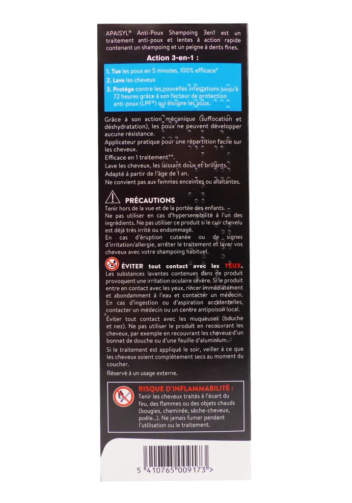 APAISYL ANTI-POUX SHAMPOING 3EN1, 100ML 5 dos produit packaging