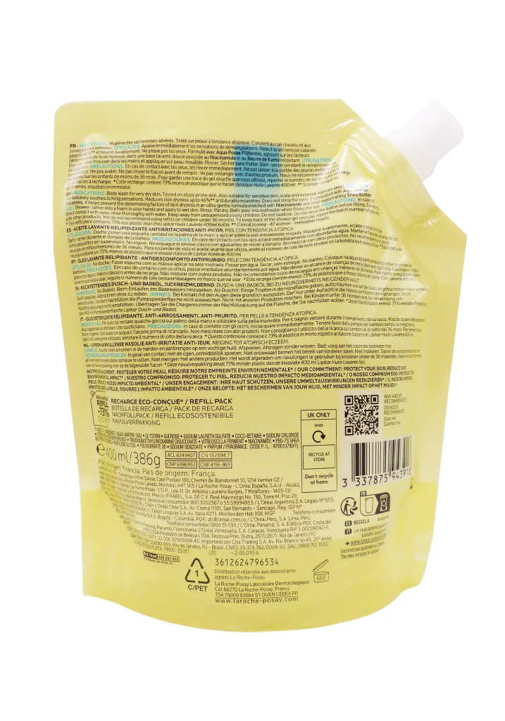 LA ROCHE POSAY LIPIKAR ECO RECHARGE HUILE LAVANTE 400ML 3 dos recharge lrp