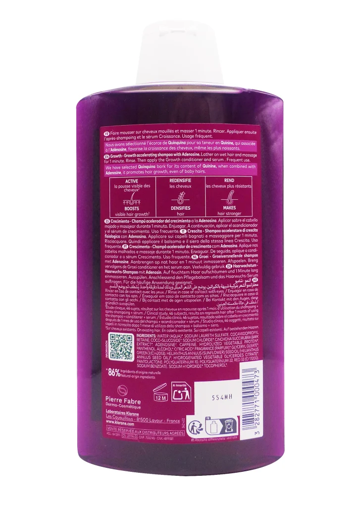 KLORANE SHAMPOING CROISSANCE 400ML 3 dos shampooing klorane
