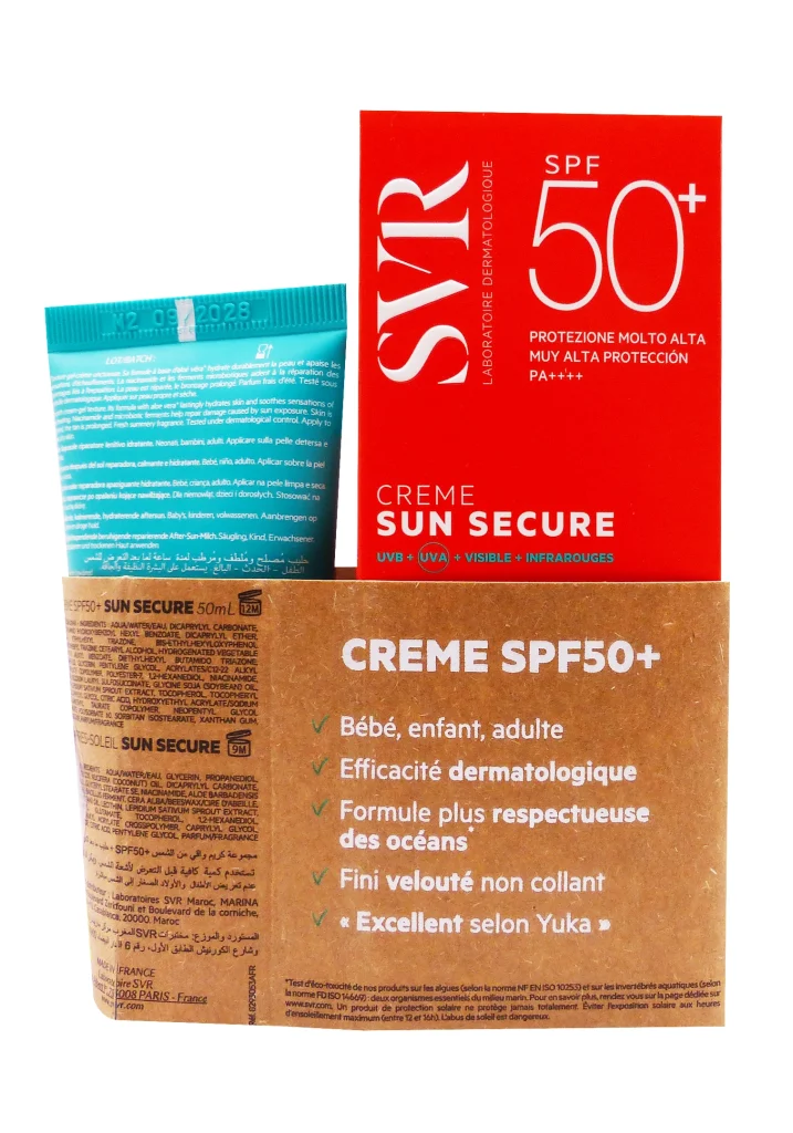 SVR SUN SECURE LOT CREME SPF 50, 50 ML LAIT APRES SOLAIRE 50 ML OFFERT 3 dos suo svr solaire