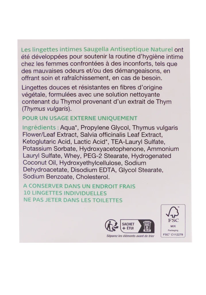 SAUGELLA 10 LINGETTES PROTECTION ACTIVE 3 lingettes saugela dos