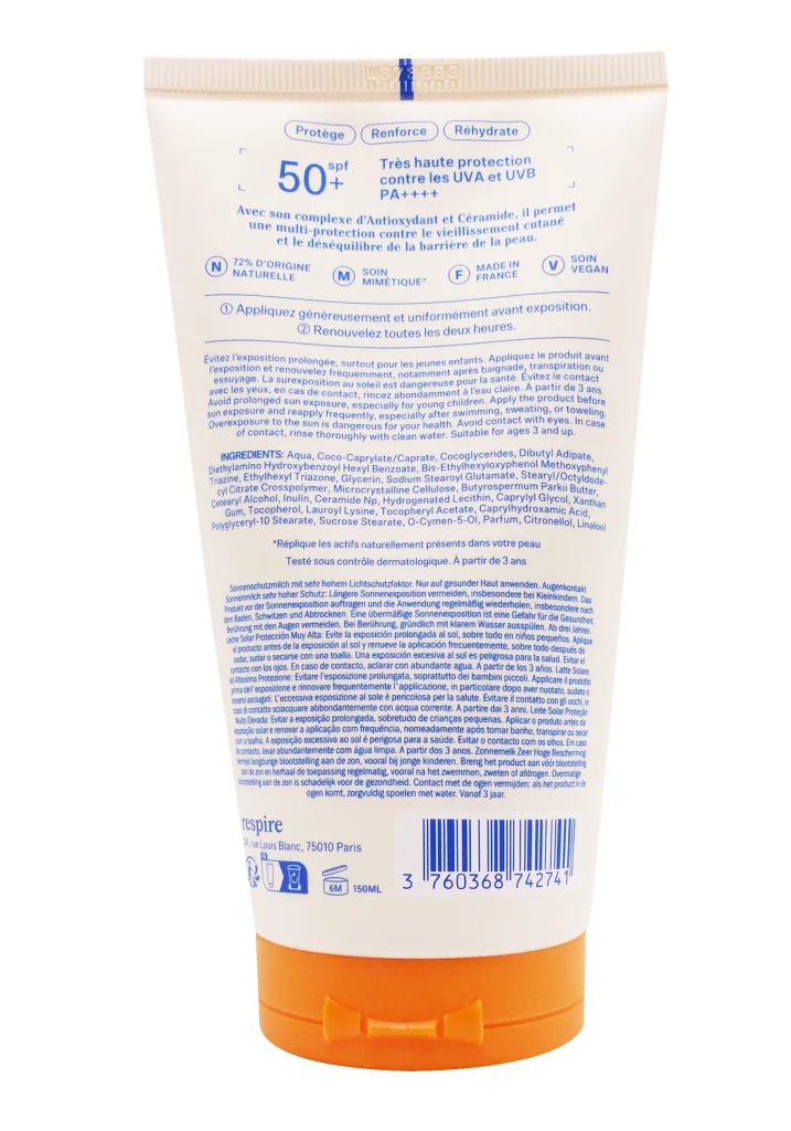 RESPIRE LAIT SOLAIRE TRES HAUTE PROTECTION 150 ML 3 dos creme solaire respire