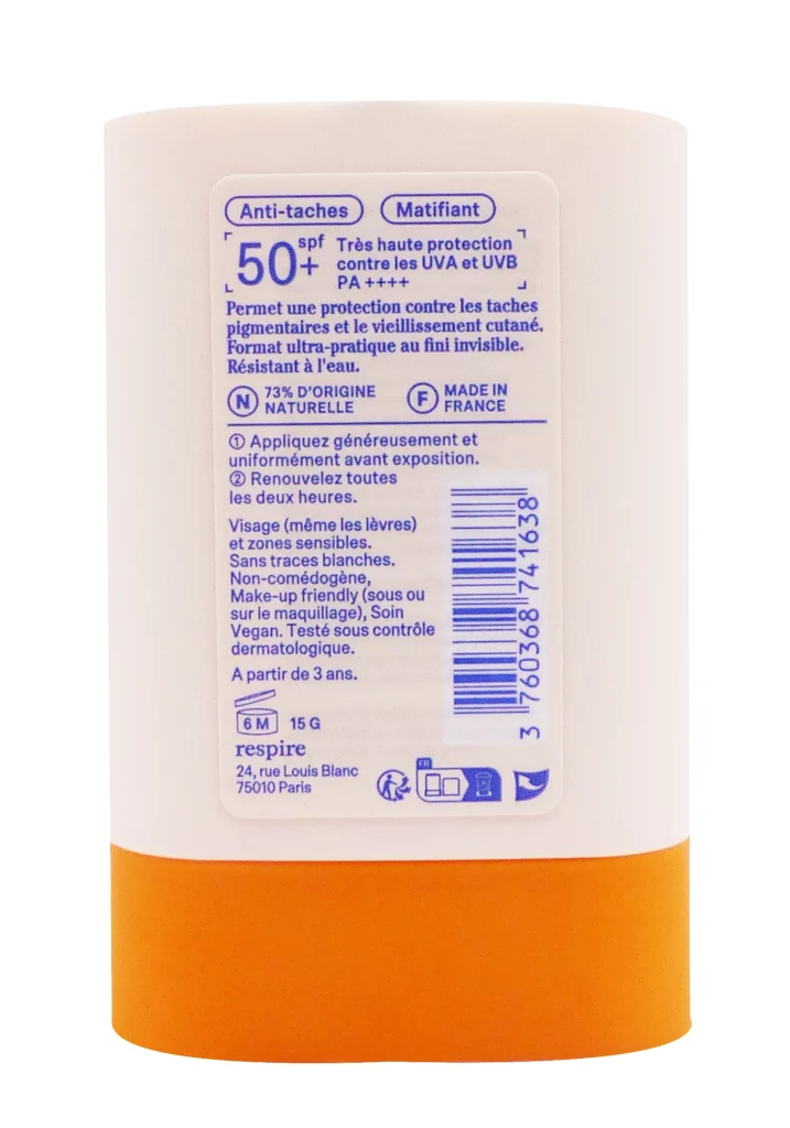 RESPIRE STICK SOLAIRE ANTI TACHES SPF 50+, 15G 3 dos matifiant respire