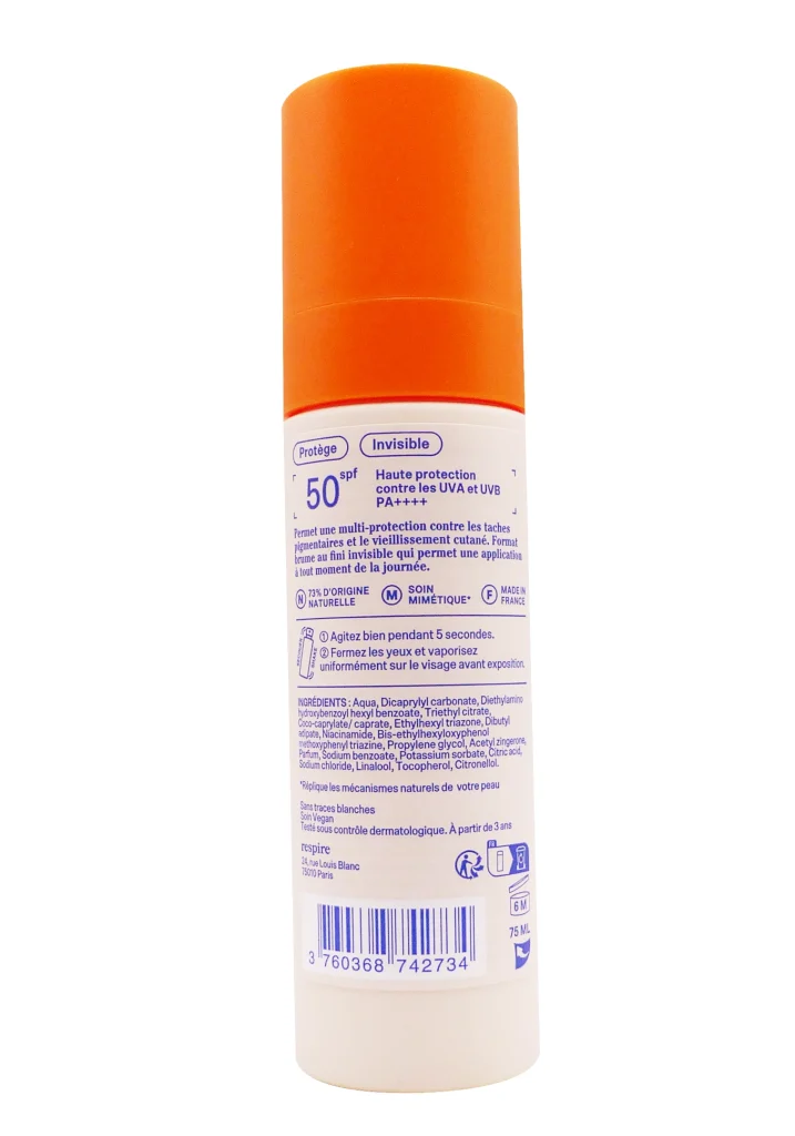 RESPIRE BRUME SOLAIRE PROTECTION URBAINE SPF50, 75ML 3 spf 50spray invisible dos