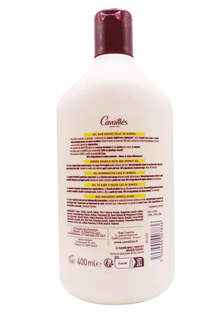 ROGE-CAVAILLES GEL BAIN DOUCHE ECLAT MIMOSA 400ML 3 cavailles dos gel douche