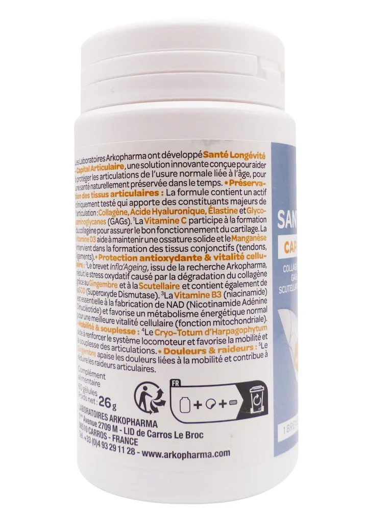 ARKOPHARMA SANTE LONGEVITE CAPITAL ARTICULAIRE 60 GELULES 3 dos arkopharma