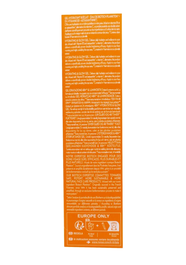 BIOTHERM AQUASOURCE VITAMIN GLOW GEL 30ML 4 dos gel hydratant