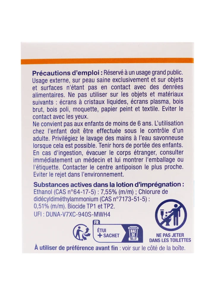 BACCIDE 12 LINGETTES MAINS & SURFACES 3 dos produit