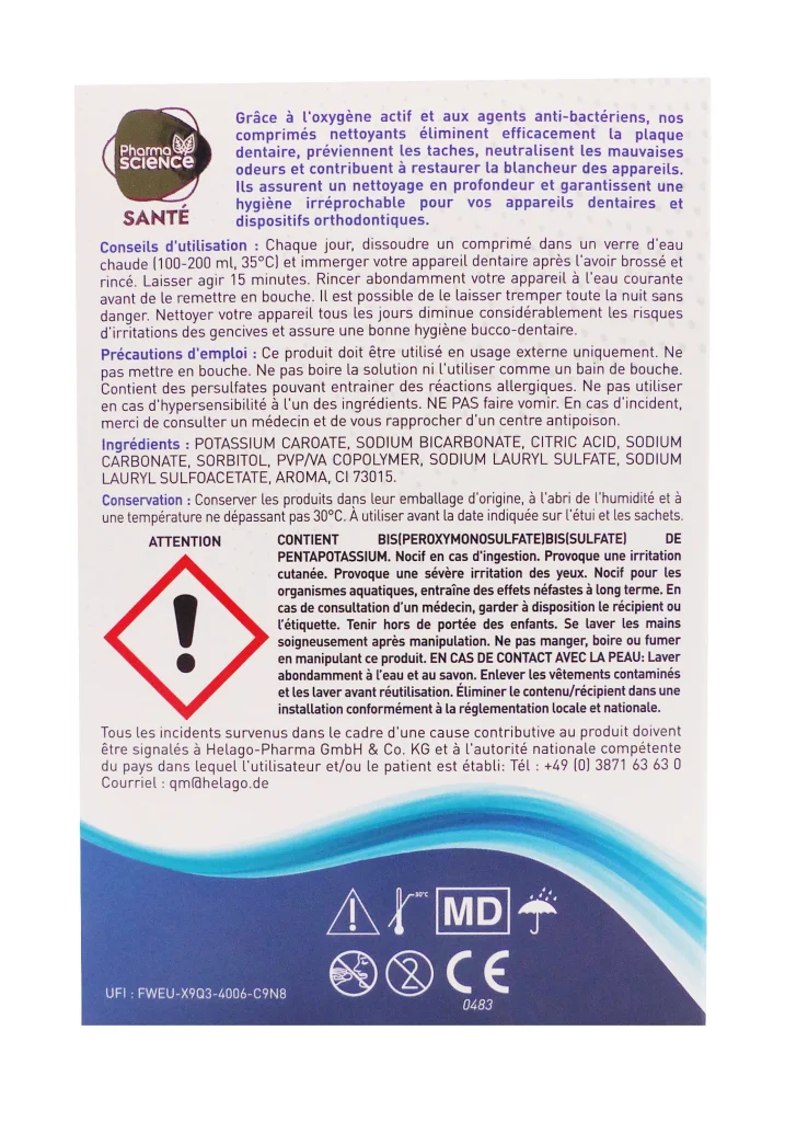 PHARMASCIENCE NETTOYANTS POUR APPAREILS DENTAIRES BLANCHEUR 36 TABLETTES 3 pharmascience tablettes dos
