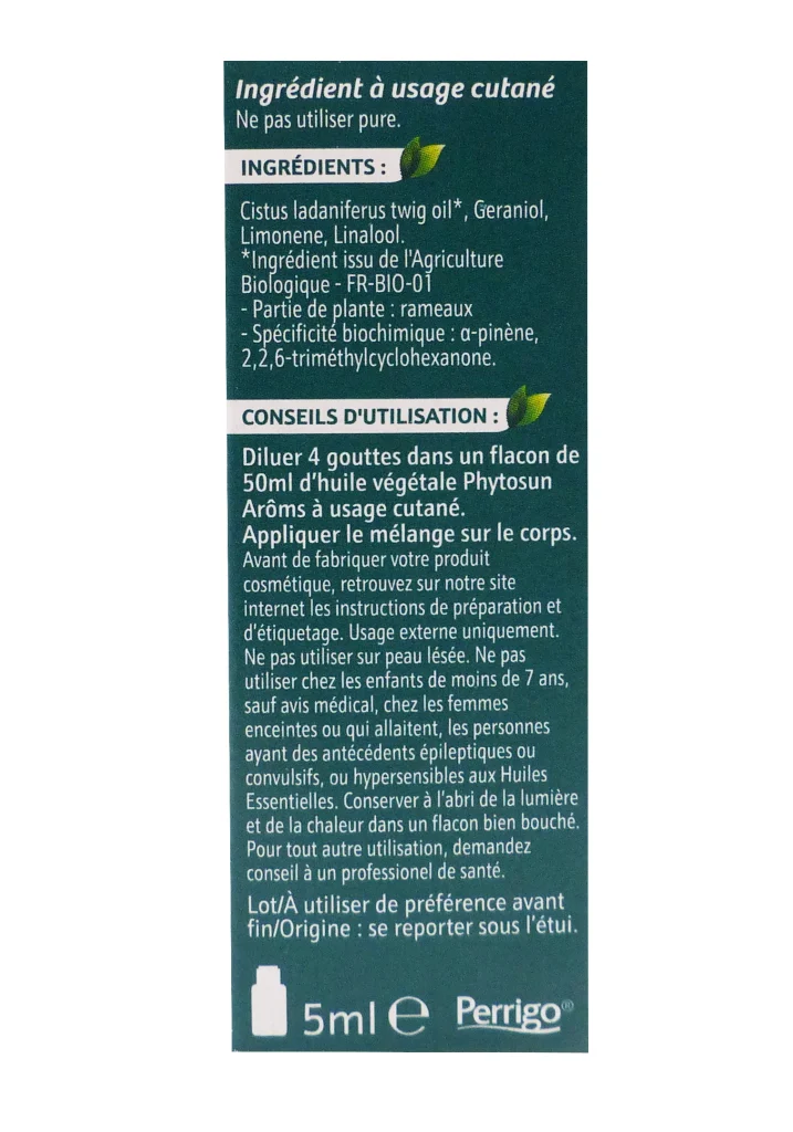 PHYTOSUN HUILE ESSENTIELLE DE CISTE BIO 5ML 5 dos huile