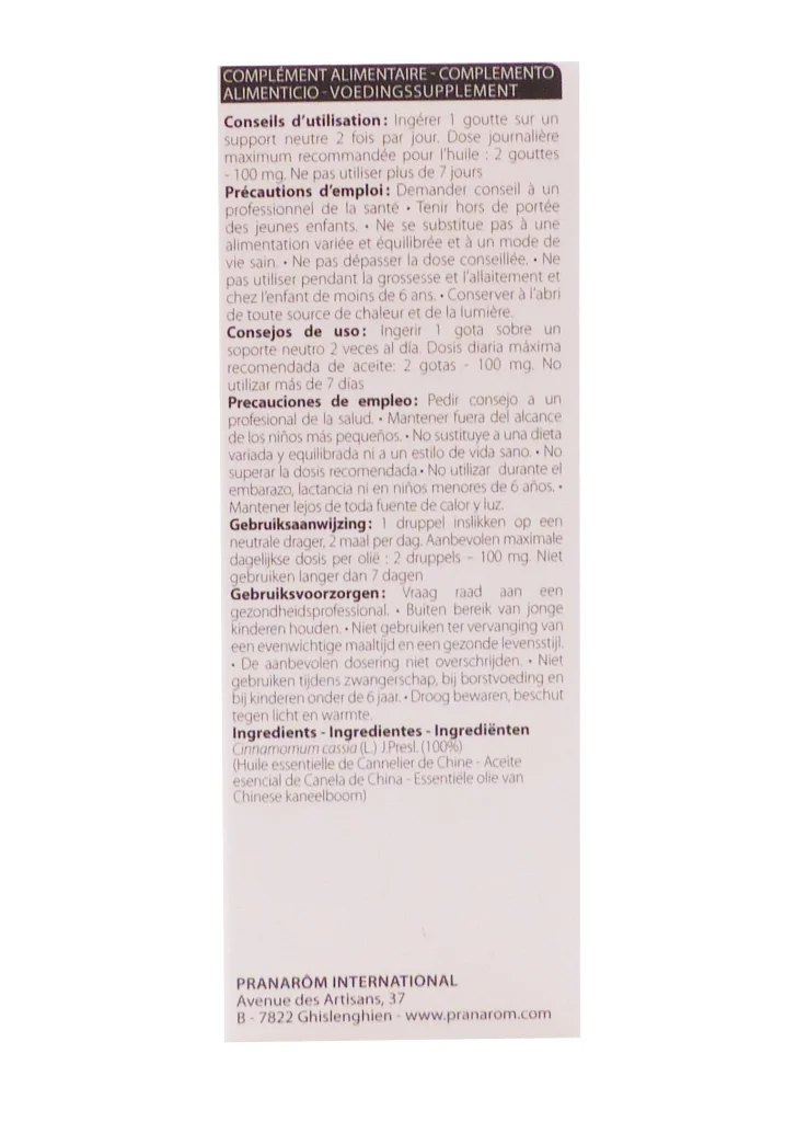 PRANAROM HUILE ESSENTIELLE CANNELLIER DE CHINE 10ML 4 dos huile essentielle