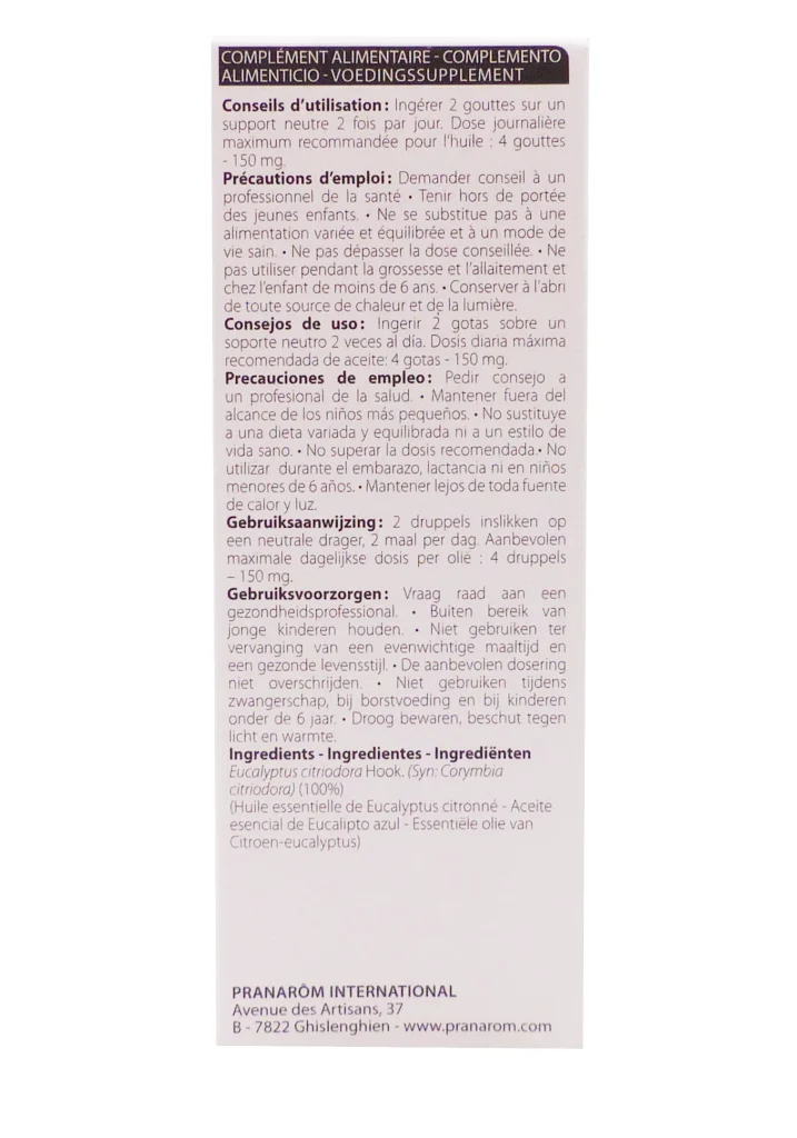 PRANAROM HUILE ESSENTIELLE EUCALYPTUS CITRONNE 10ML 4 dos packaging huile essentielle
