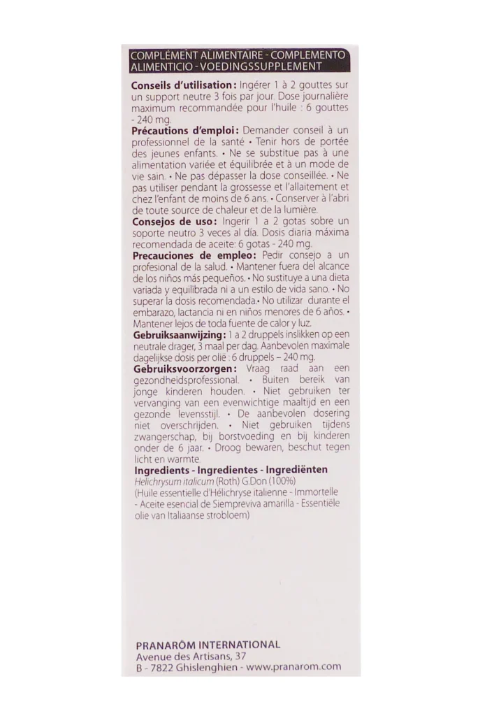 PRANAROM HUILE ESSENTIELLE IMMORTELLE 5ML 4 dos pranarom packaging huile essentielle