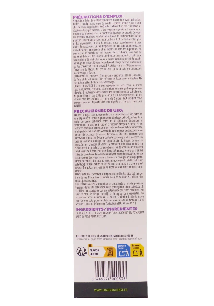 PHARMASCIENCE LOTION ANTI-POUX & LENTES 100ML 4 precautions dos